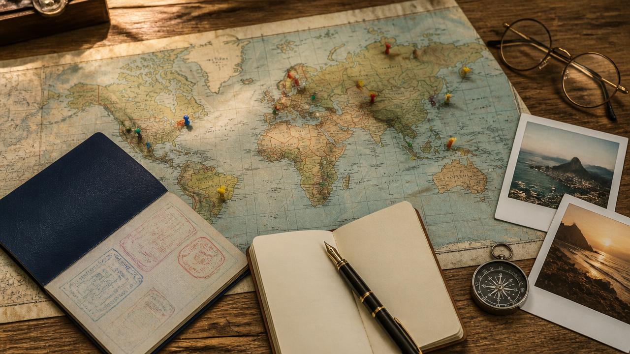 A world map on a wall with pins in many cities, a passport and an open notebook — a life-experiences flat lay.
