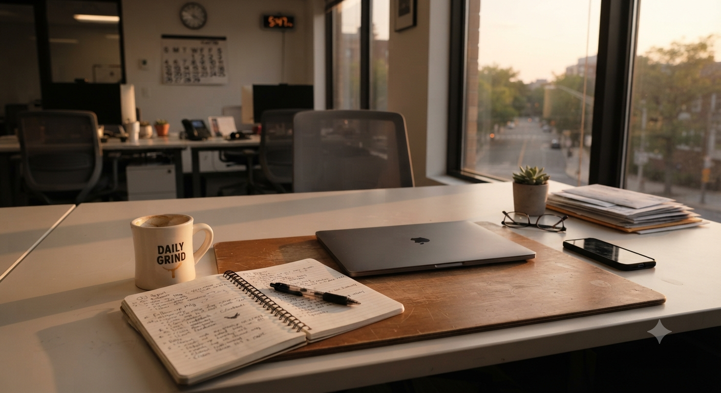 A quiet office after a busy day: notebook, empty coffee cup, closed laptop.
