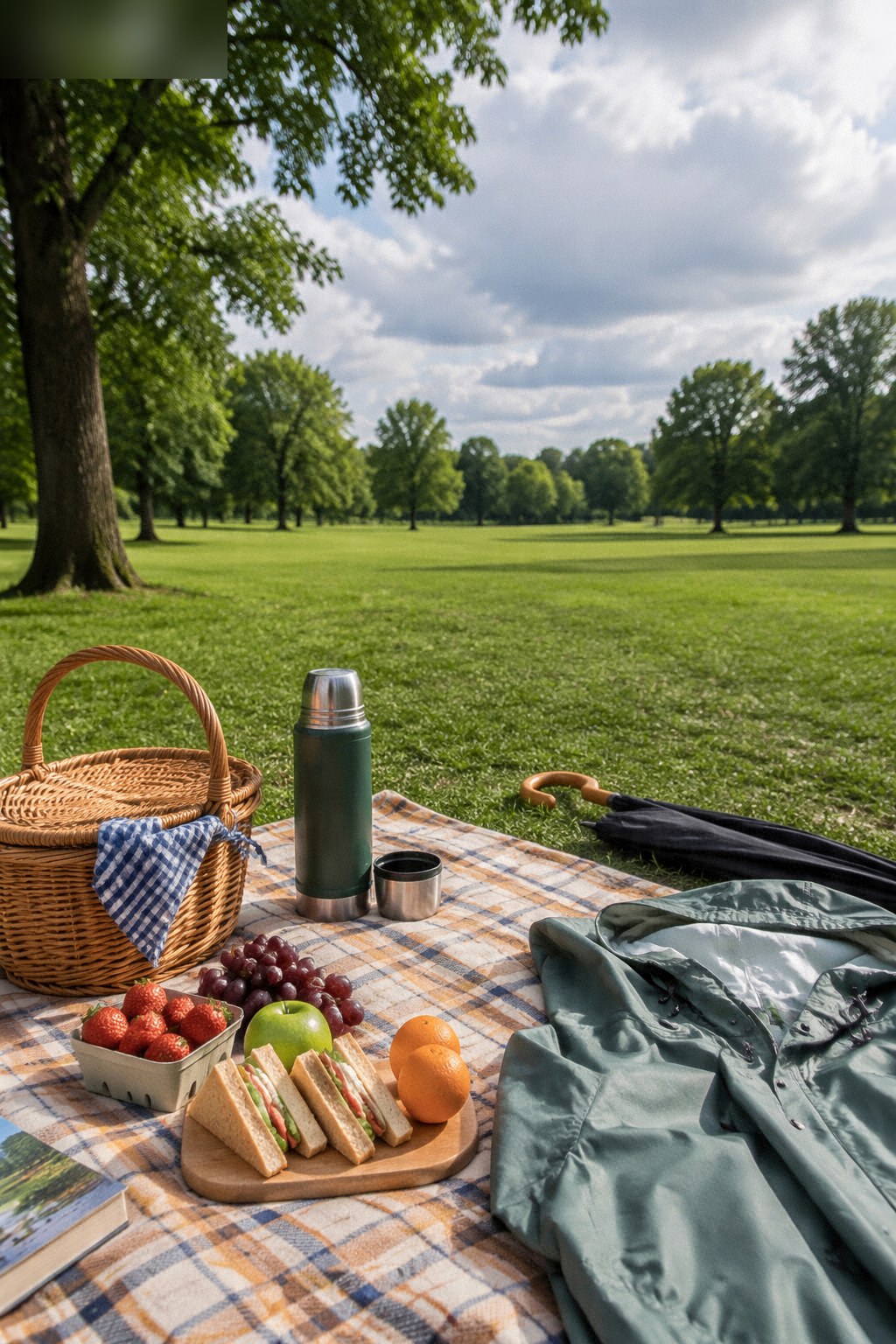 A picnic blanket in a park with fruit, sandwiches, a thermos and a rain jacket.