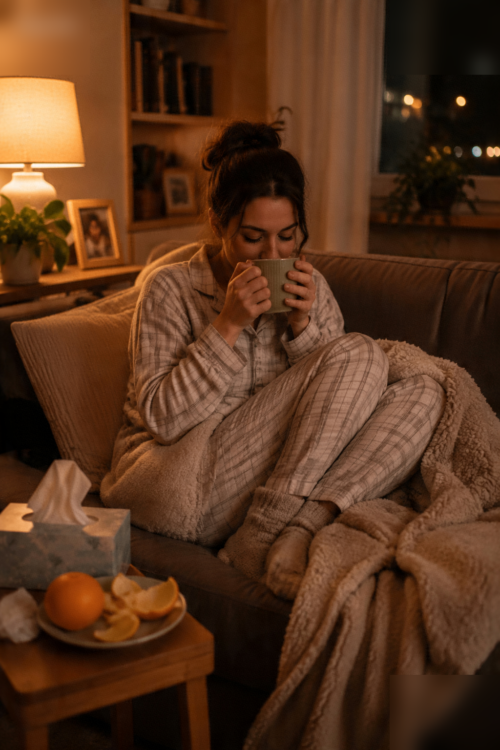 Someone in pyjamas on a sofa with a blanket, holding a big cup of tea.