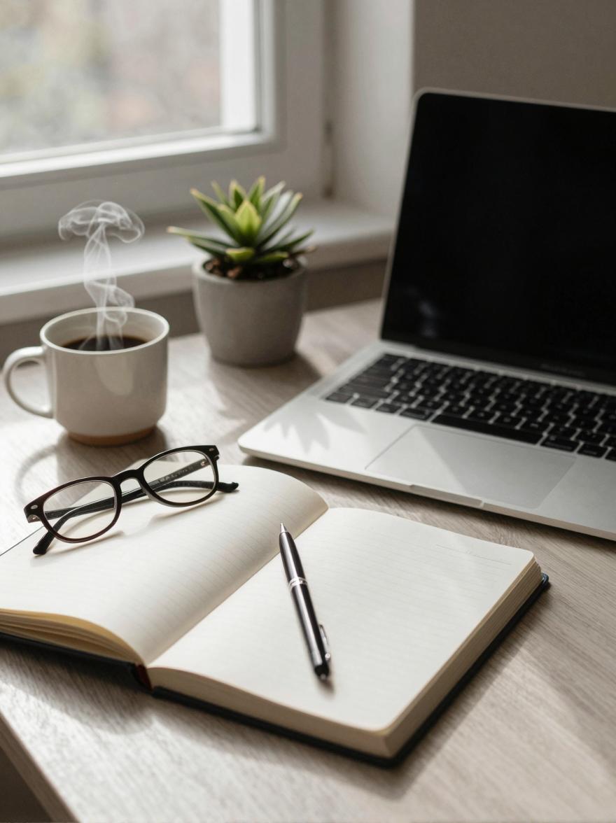 A quiet study desk with a laptop, notebooks, a plant and a cup of coffee by a sunlit window.