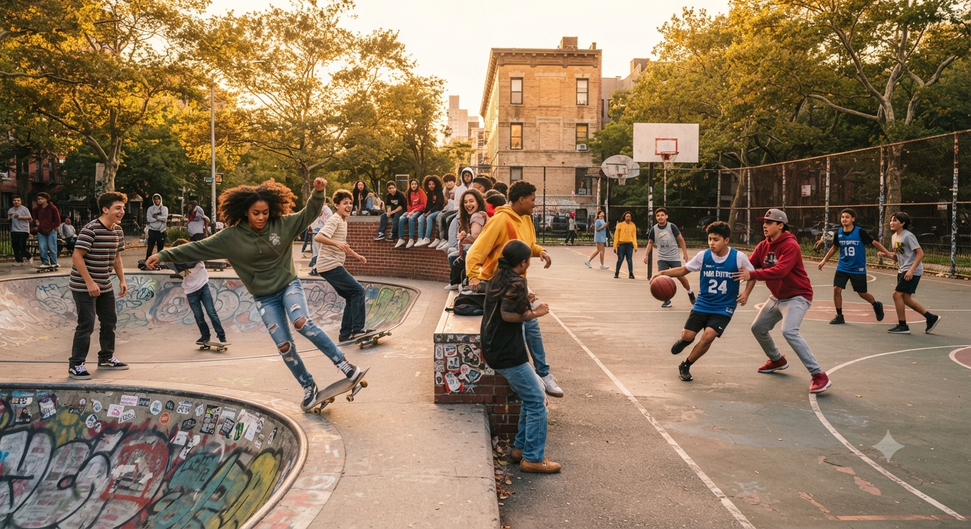 Teenagers skateboarding and playing basketball in an urban park at golden hour.