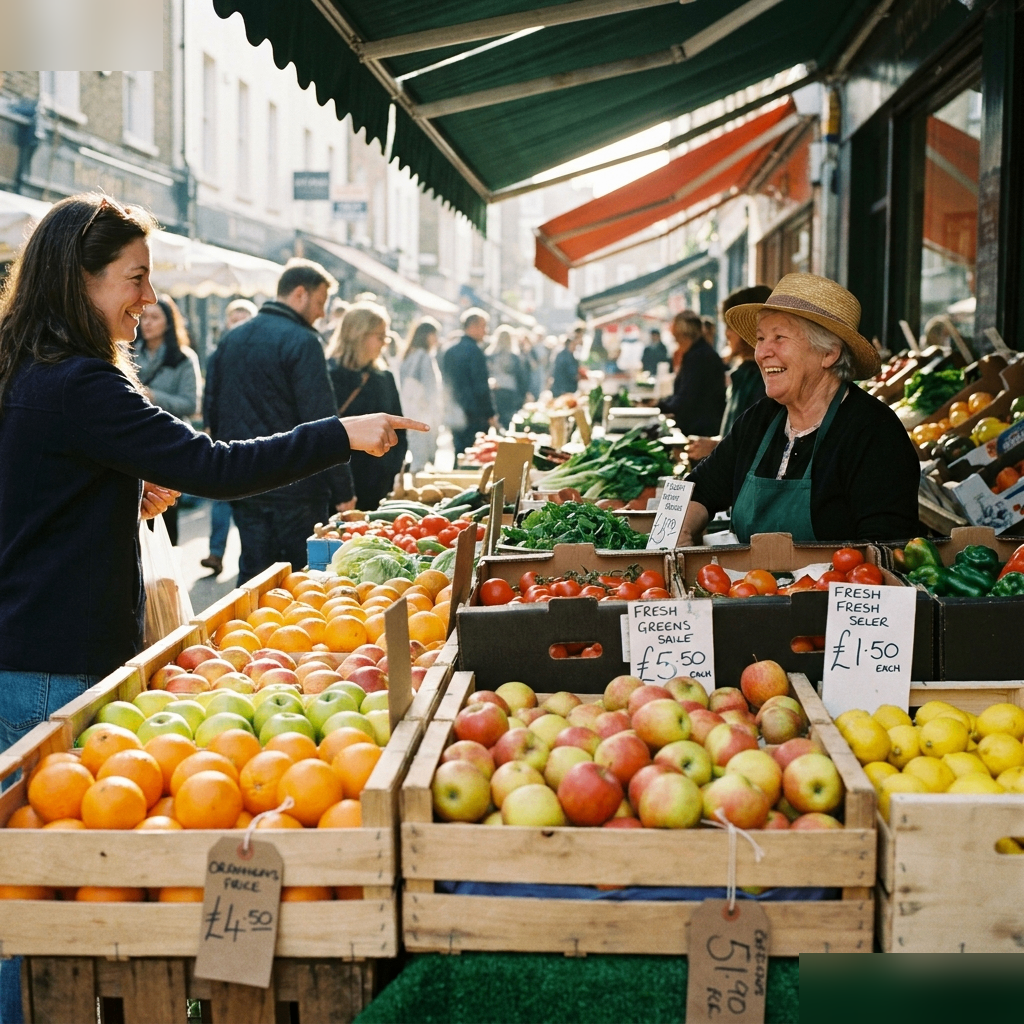 A colourful street market: fresh fruit crates and a friendly seller.