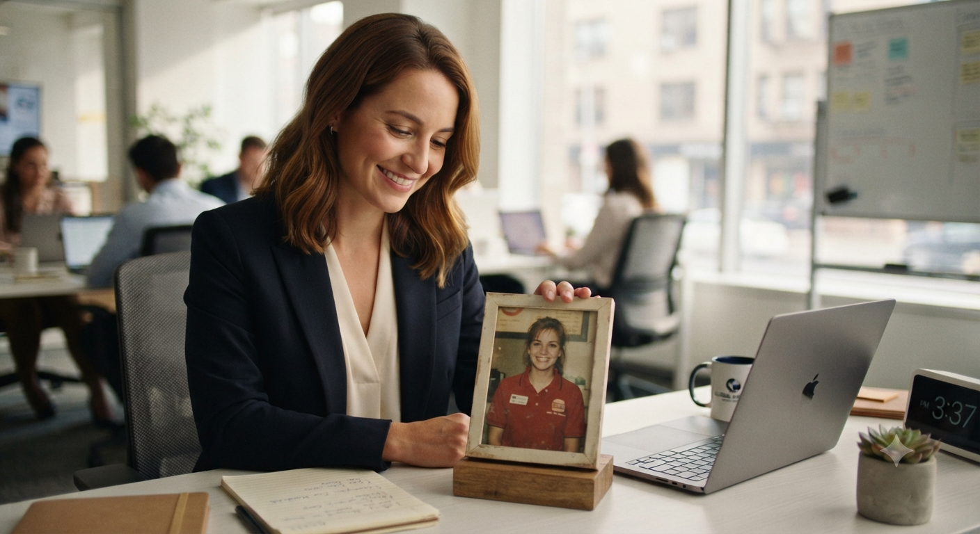 A young professional smiling at a photo of her teenage self in her first-job uniform.