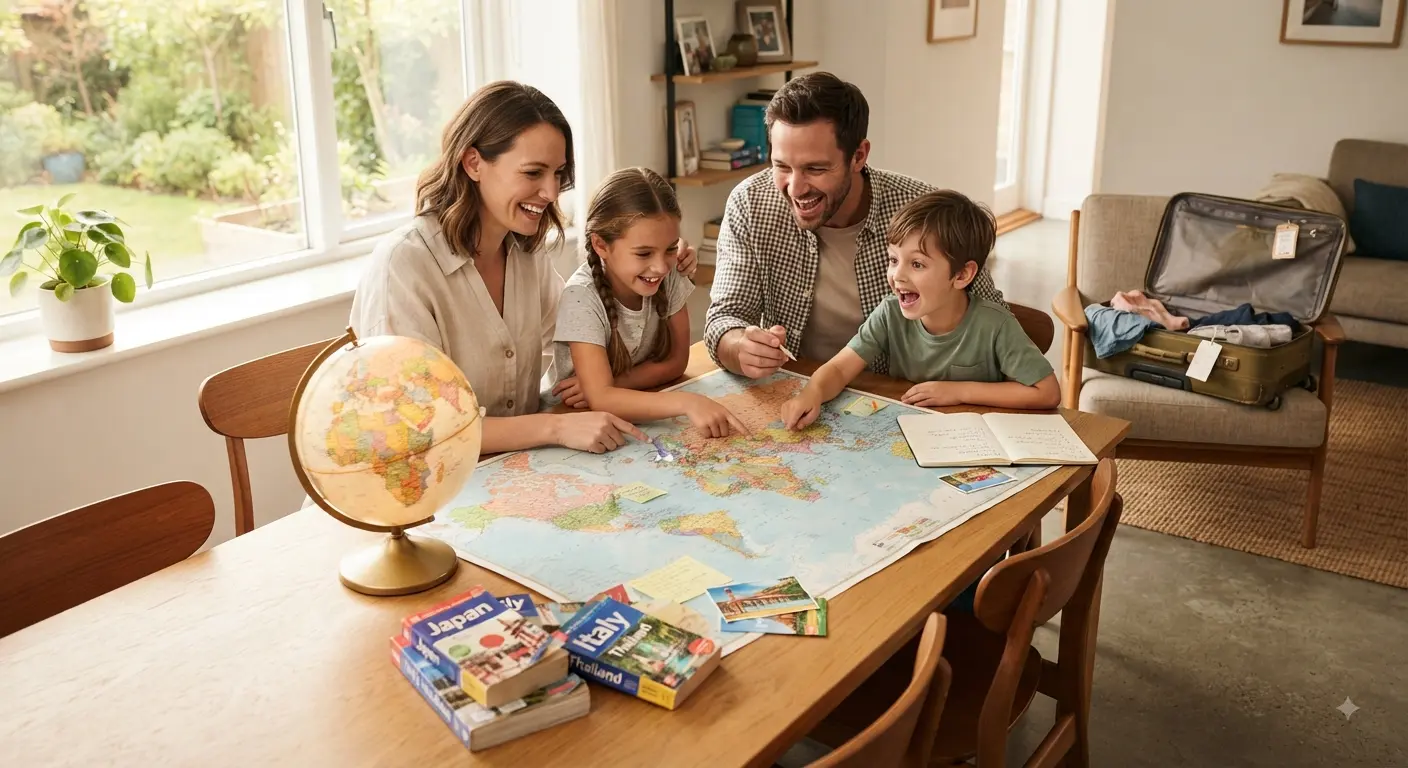 A family planning a trip around a table with a world map, globe and travel guidebooks.