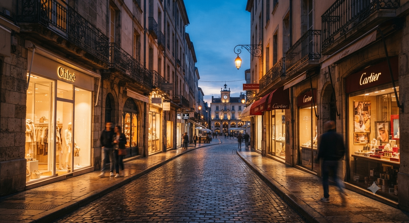 A hidden café glowing warmly on a rainy cobblestone street