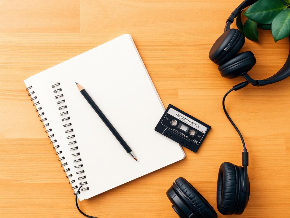Workbook illustration — notebook, cassette and headphones
