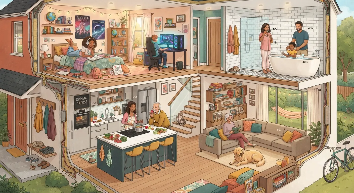 A cutaway illustration of a busy family home showing the bedroom, kitchen, bathroom and living room at the same time.