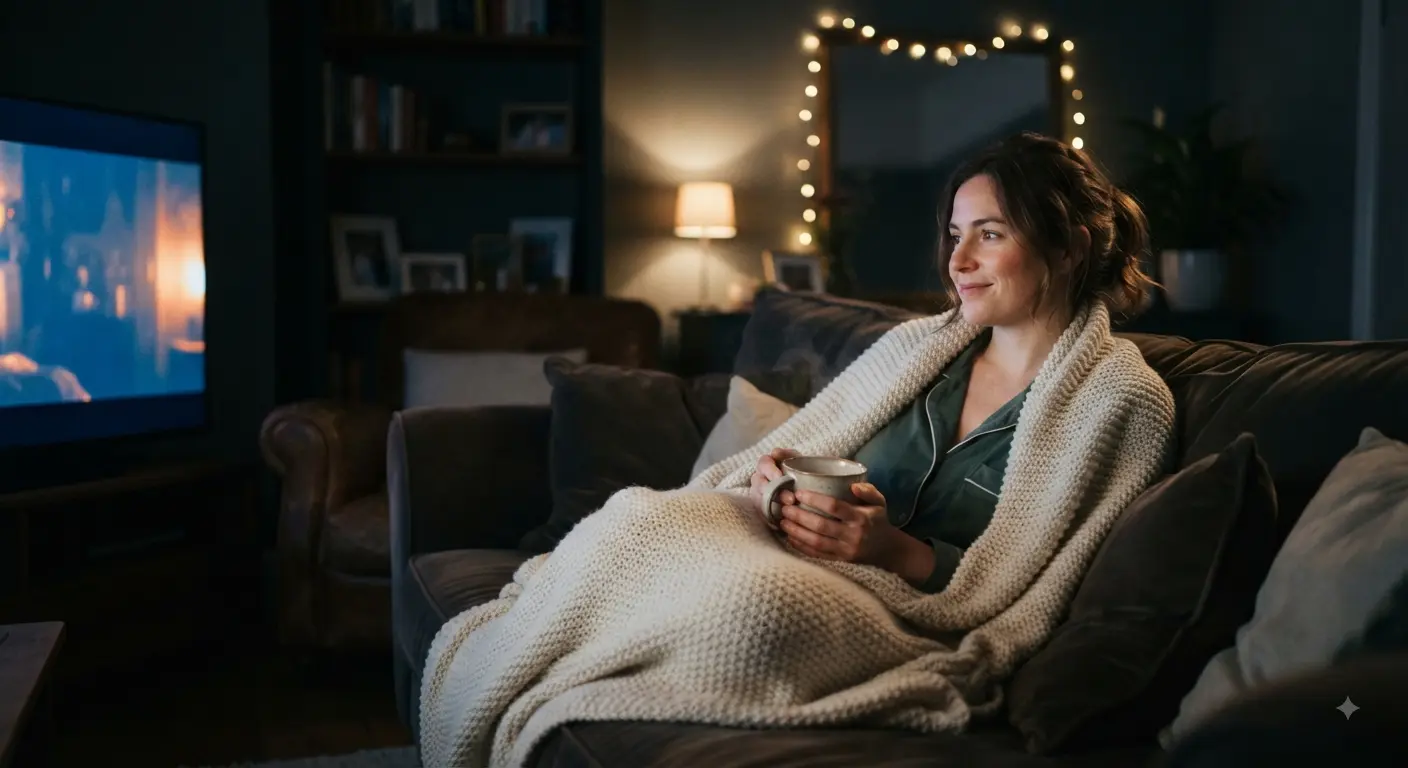A woman relaxing on a sofa at night with a hot drink, watching television.
