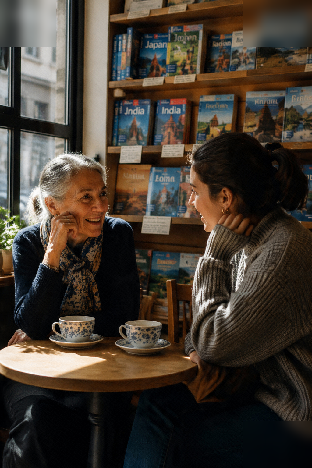 An older woman and a young adult talking over tea in a bookshop café.