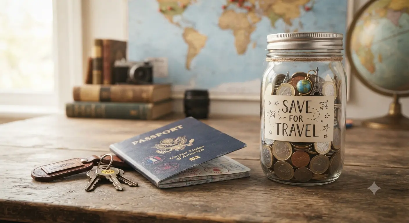 A passport, keys and a jar of coins labelled Save for Travel next to a world map