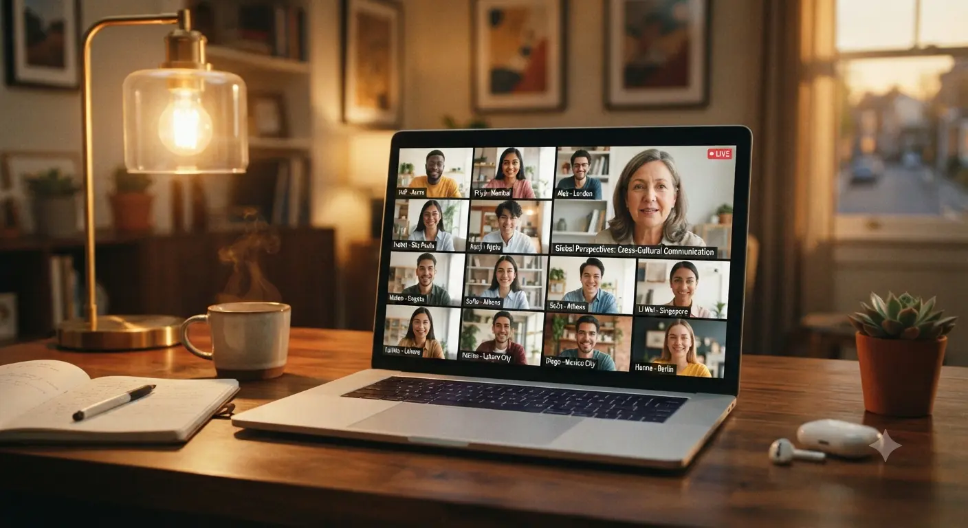 A laptop on a wooden desk showing a video call with people from many cities.