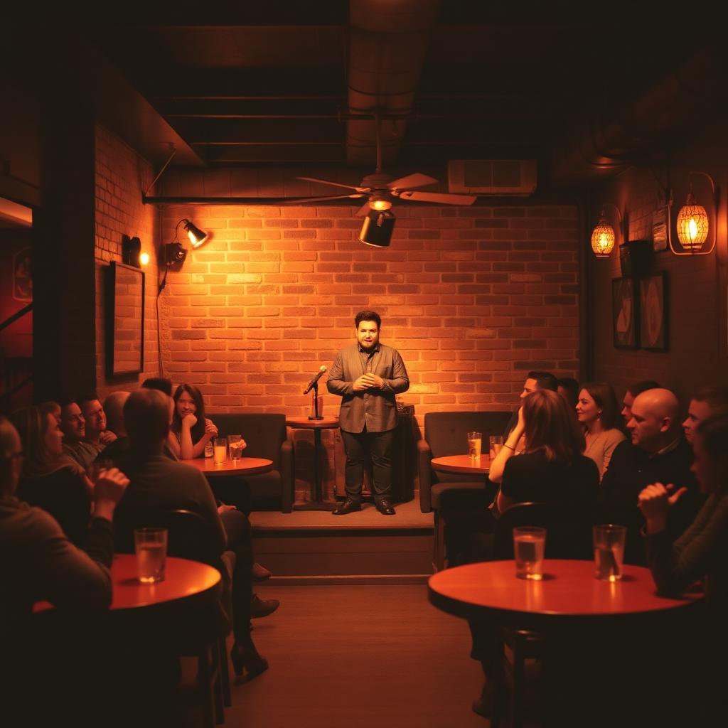 A small comedy club — comedian on a tiny stage under a warm spotlight, audience laughing at round tables