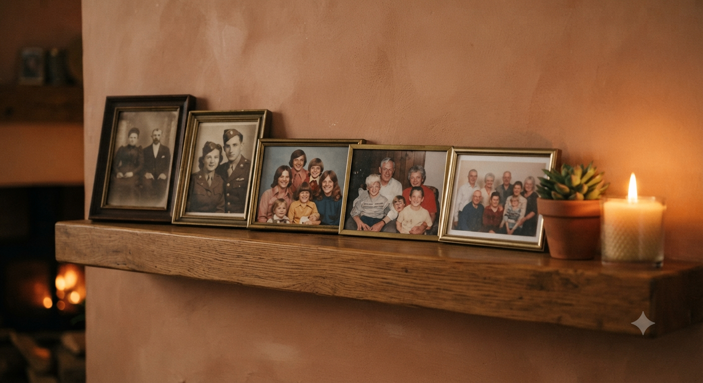 A wooden shelf with family photos of different generations