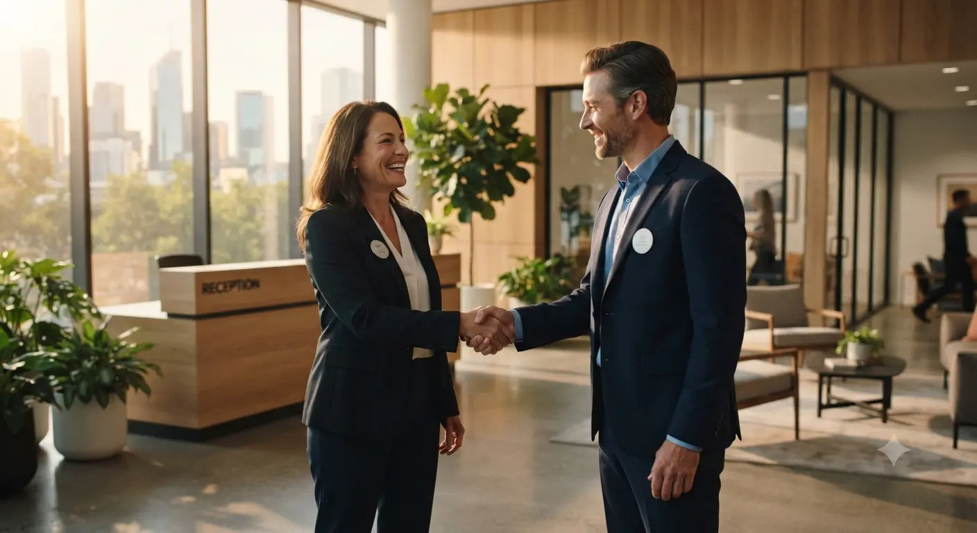 Two colleagues shaking hands and smiling in a bright modern office reception.