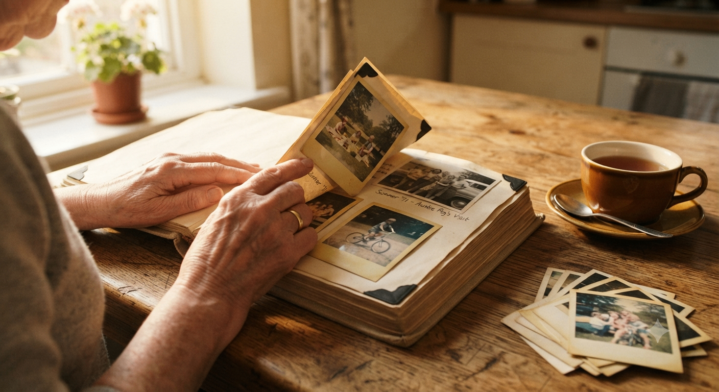 Hands turning the pages of an old family photo album