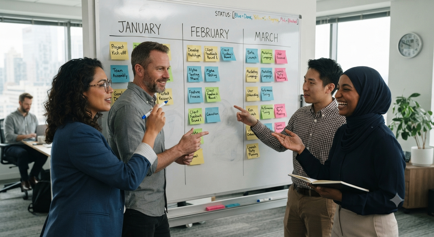Team planning at a whiteboard divided into three time horizons.