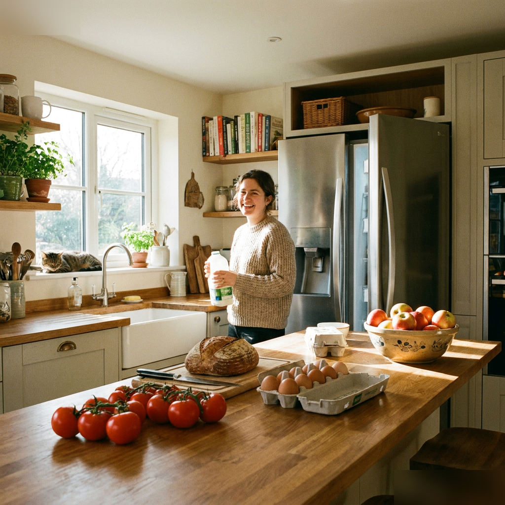 A cheerful open kitchen with someone holding milk, tomatoes, bread, eggs and apples on the counter.
