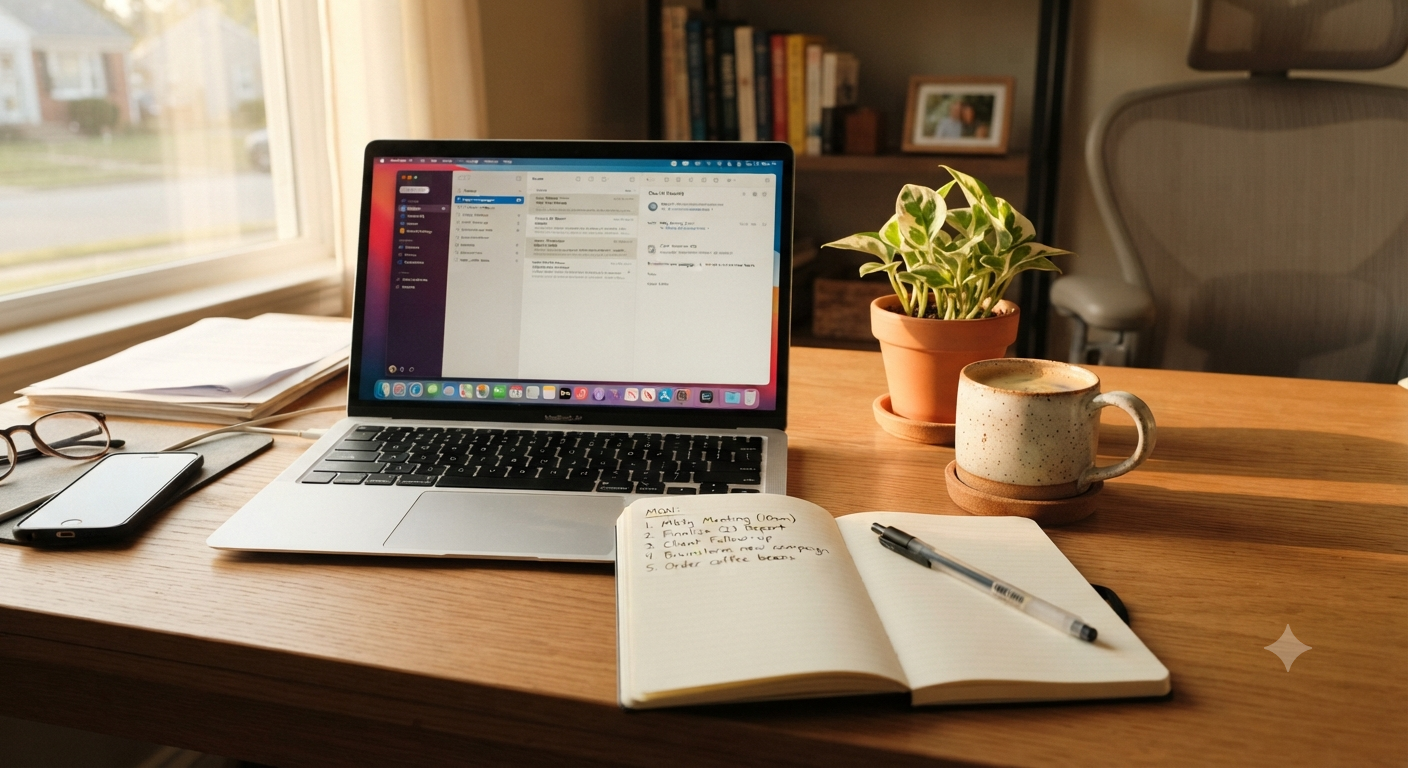 Home office desk with laptop, notebook and coffee — Monday morning.