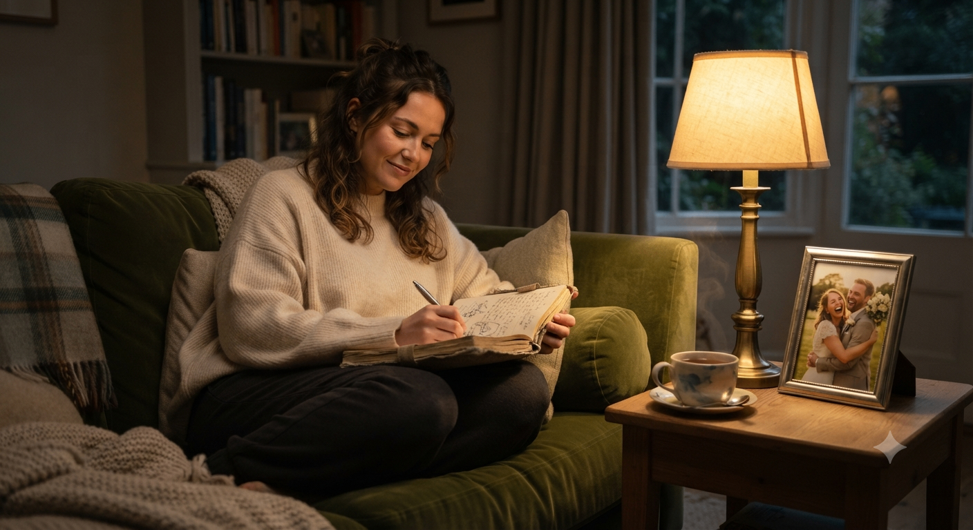 Cozy evening — writing in a journal by lamp light