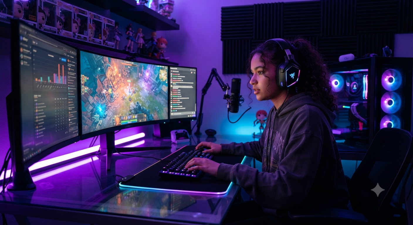 A teenage gamer at a multi-monitor desk with headphones and purple neon lighting.
