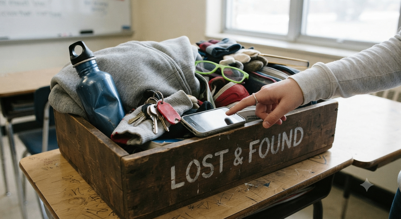 A lost-and-found box on a school desk with everyday objects