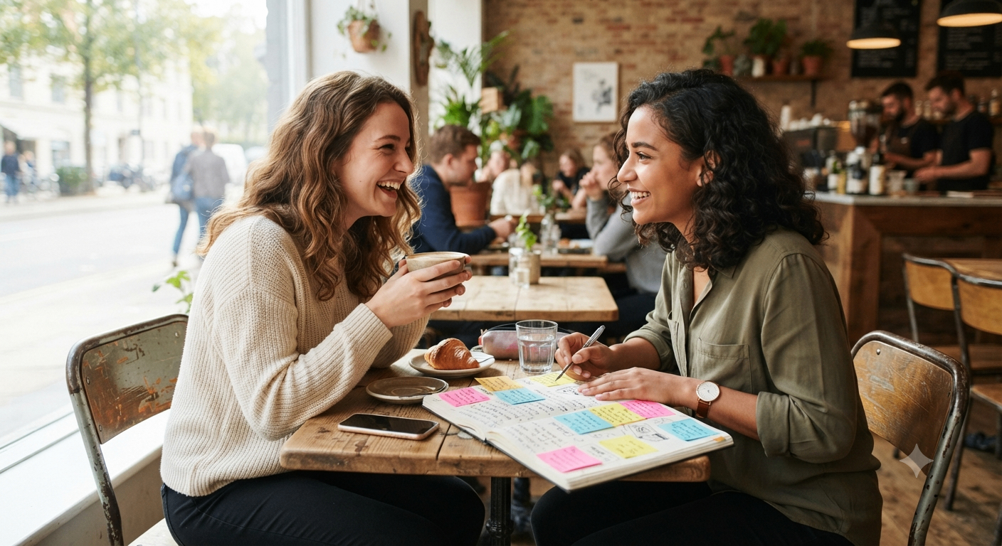 Two friends chatting at a small café table with steaming cups.
