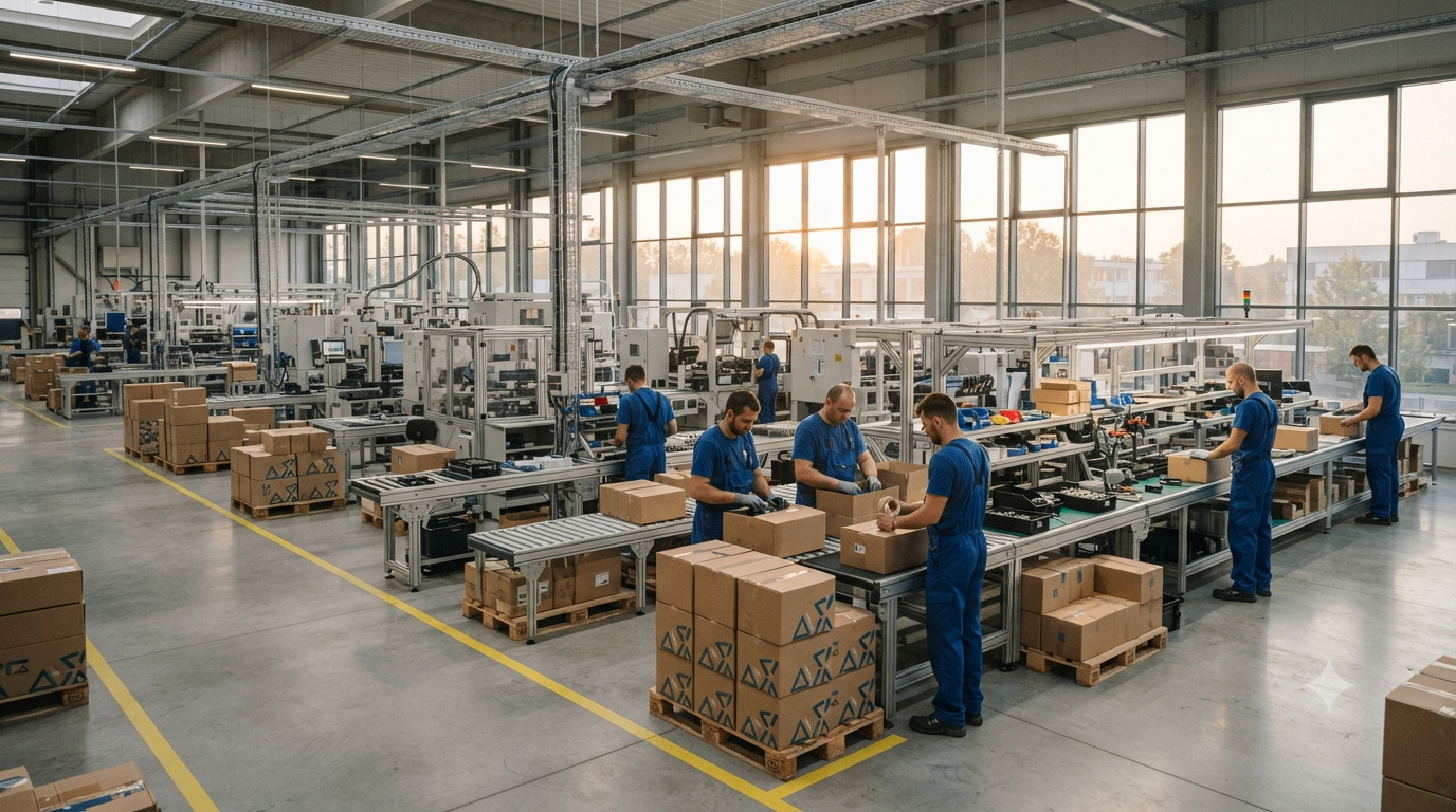 Factory workers packing branded shoe boxes on an assembly line.
