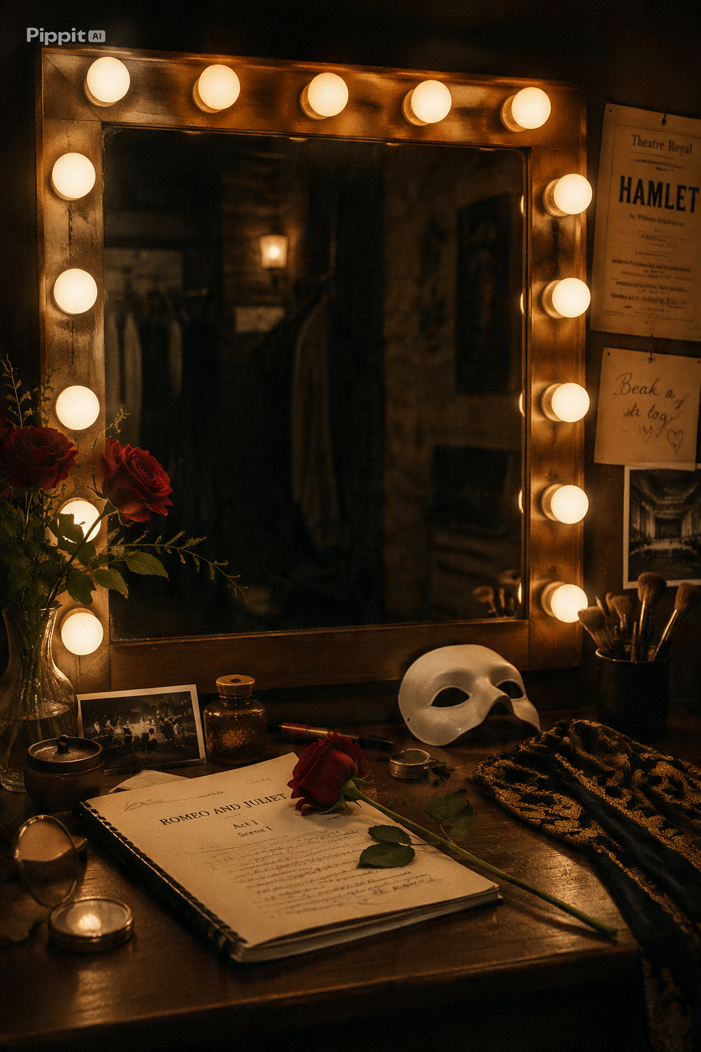 Workbook illustration — open notebook on a dressing-room table with theatre masks, a rose, a scented candle and a mirror with warm bulb lights