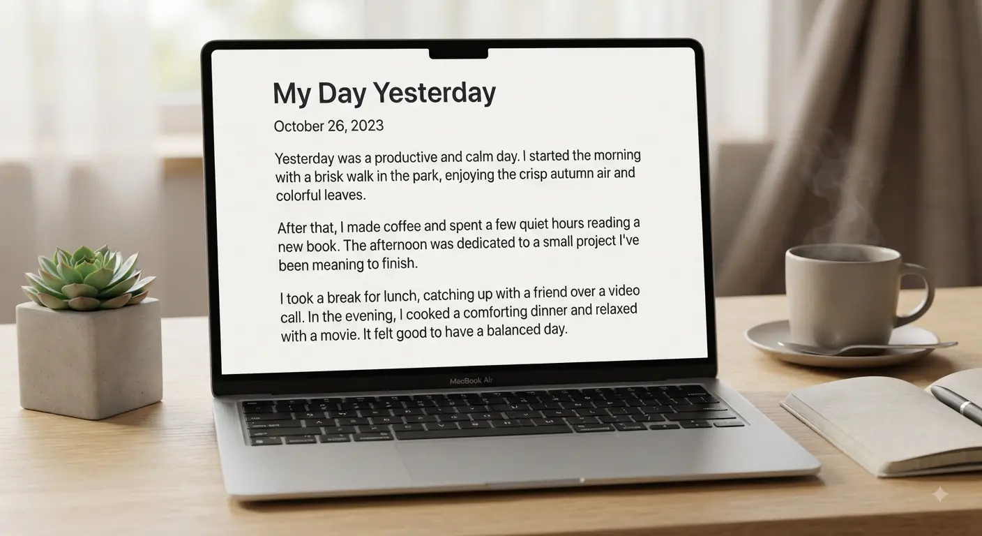 A laptop on a desk showing a personal journal entry titled My Day Yesterday.