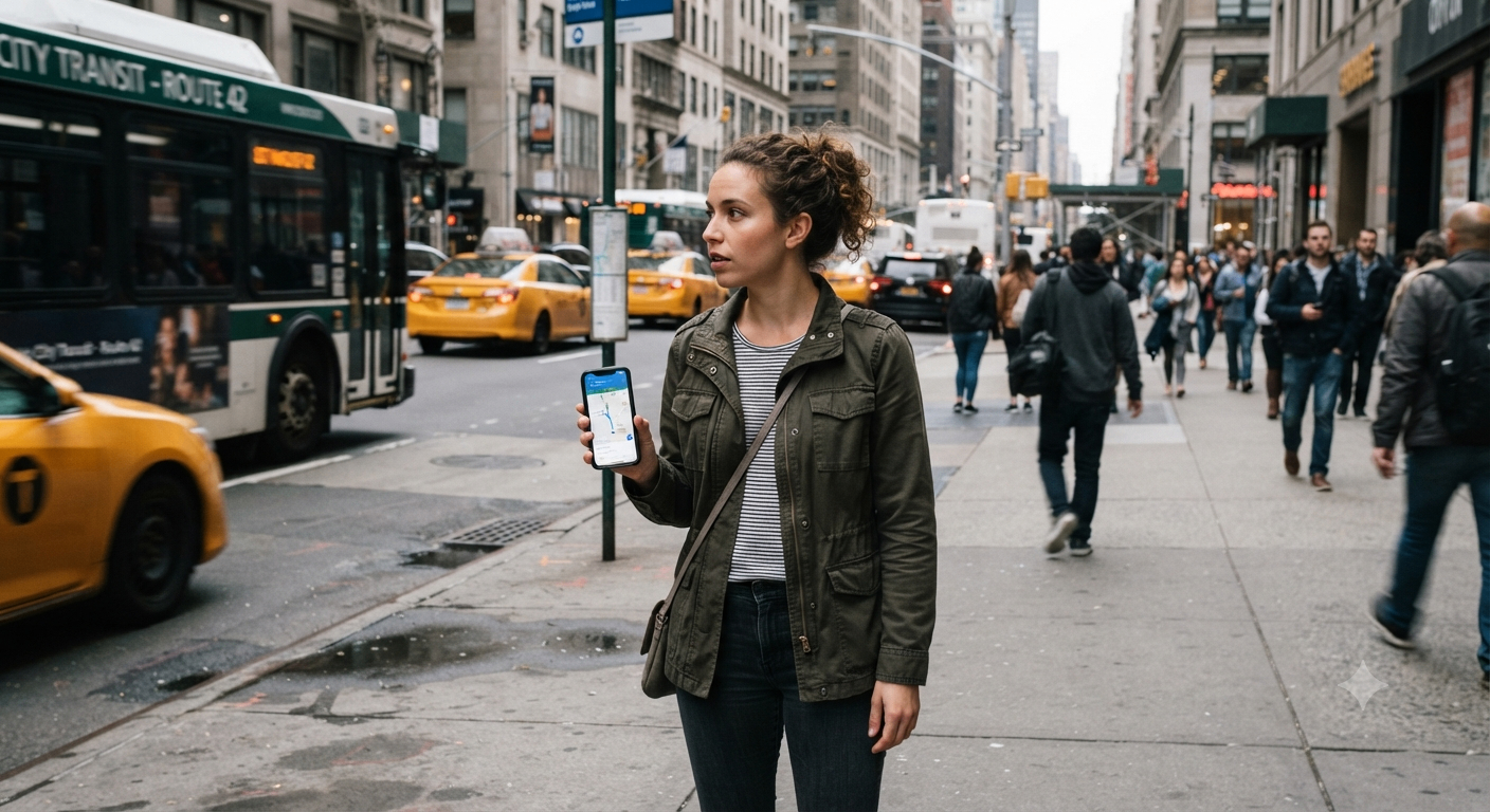 Business traveller checking a phone map at a busy city intersection.