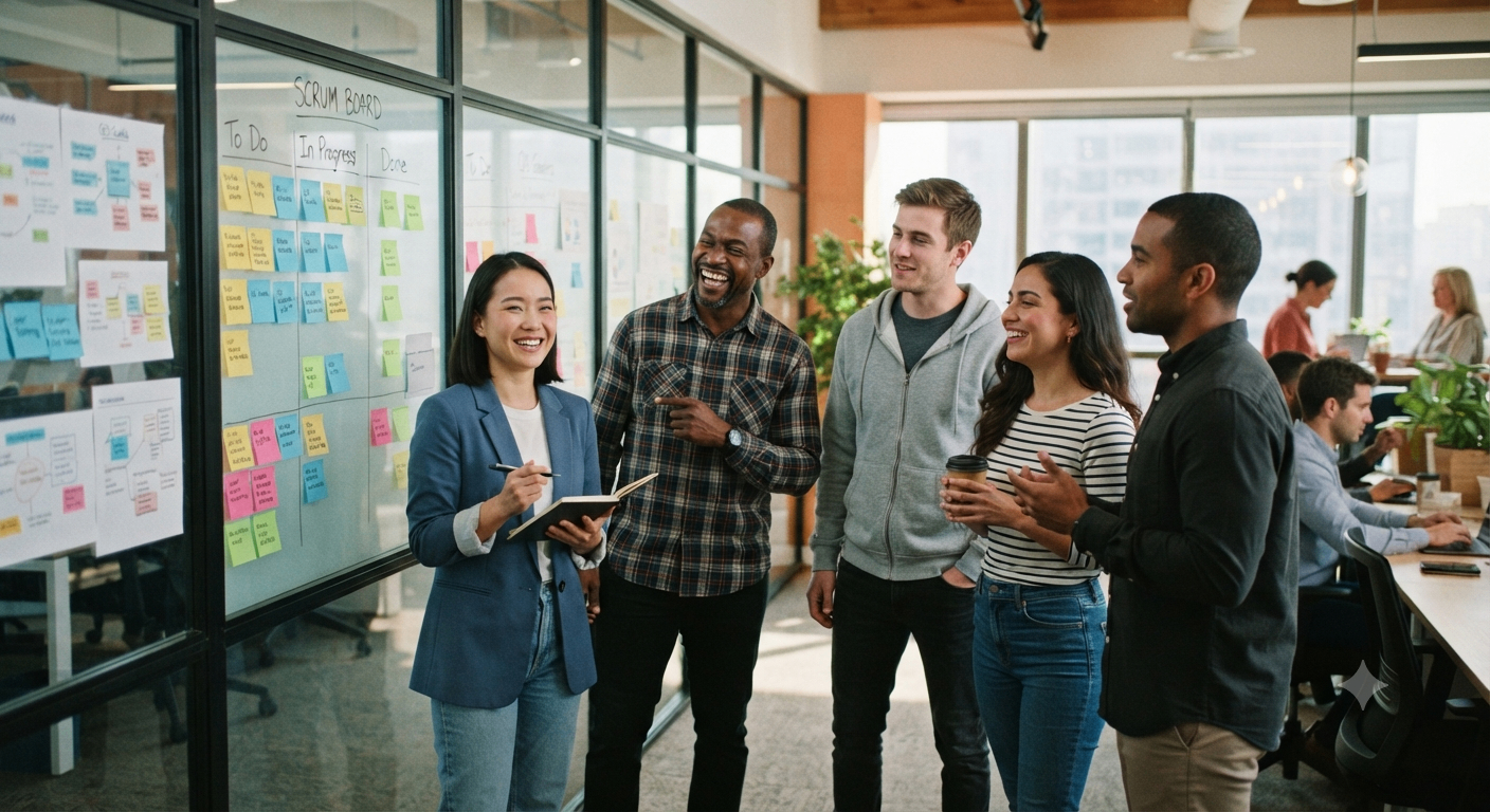 Cross-functional team gathered around a scrum board with colourful sticky notes.