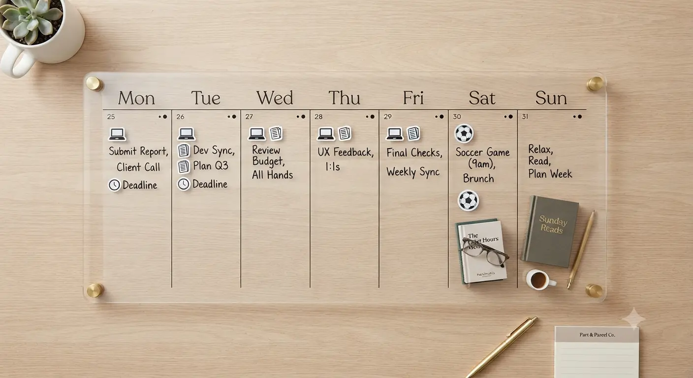 A weekly planner board on a desk showing the days of the week and daily tasks.