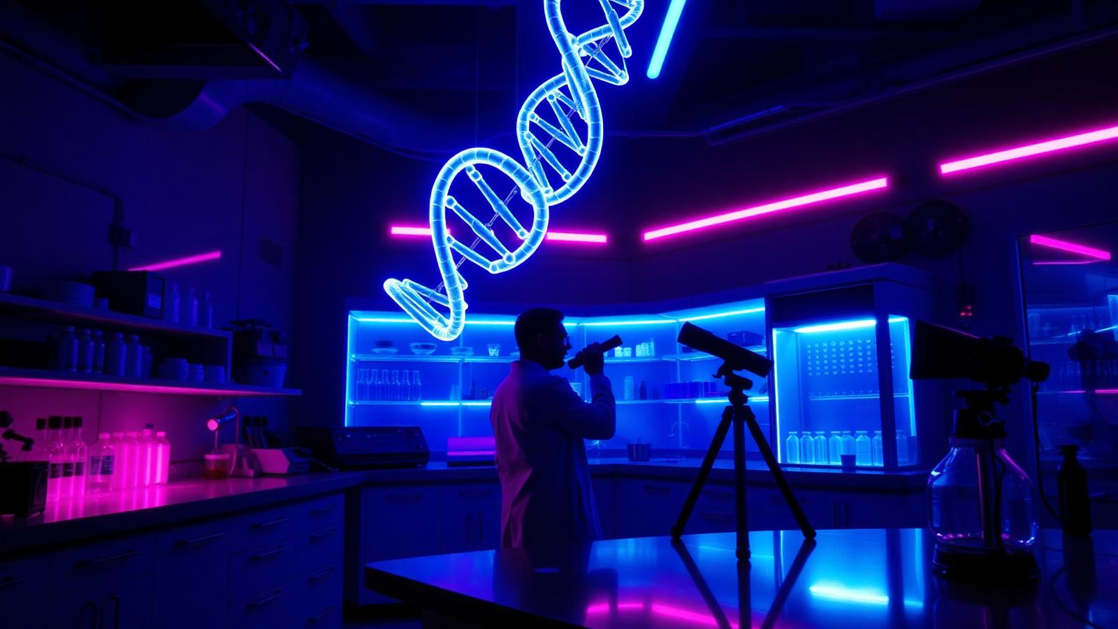 Futuristic laboratory glowing at night with a neon DNA helix and a scientist studying a telescope