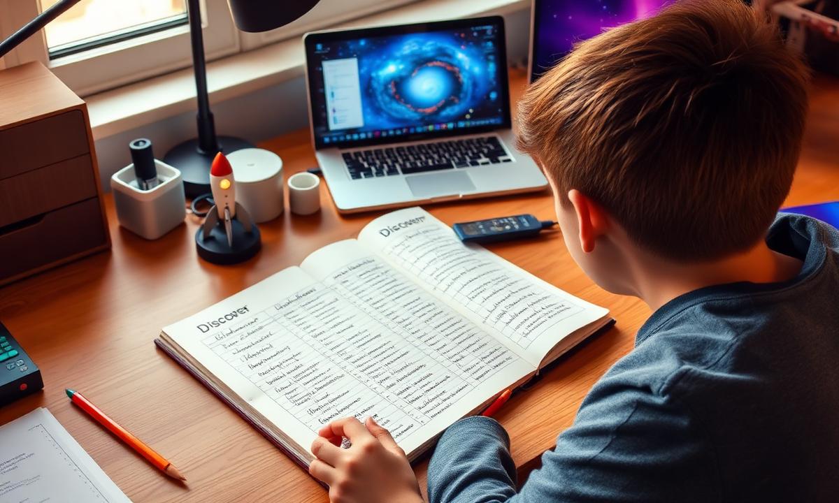 A student's desk with a science notebook full of word families, a small model rocket and a laptop showing a nebula wallpaper