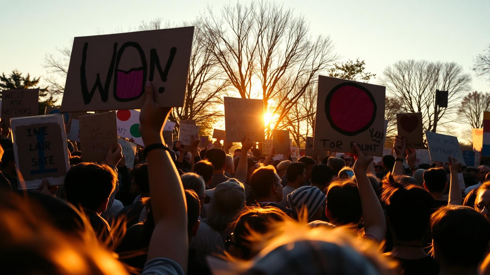 A diverse crowd at a peaceful protest at golden hour, holding hand-painted signs