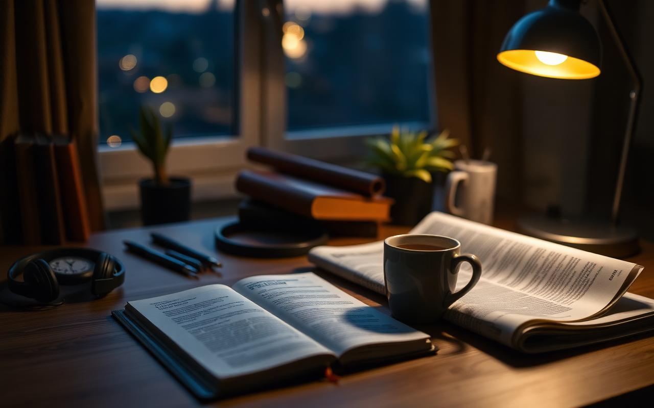 A cozy home study desk at dusk with an open notebook, a highlighted newspaper, a mug of tea and headphones