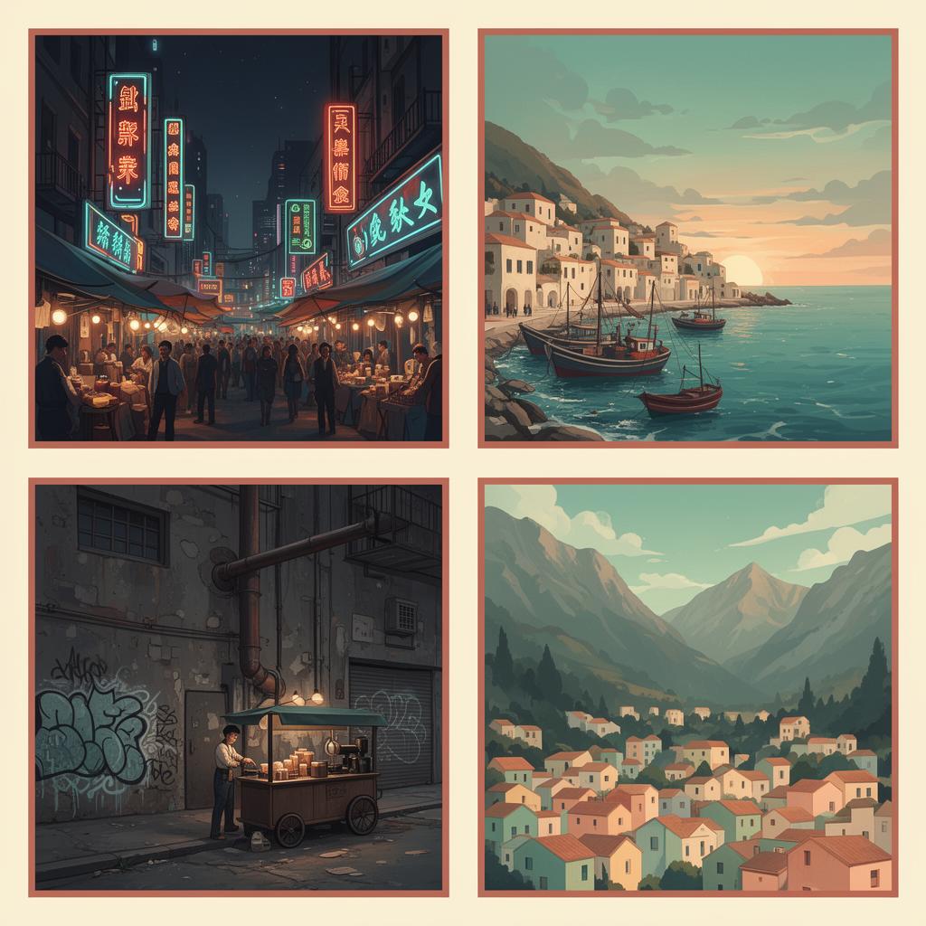 Four cityscapes: bustling neon night market, sleepy Mediterranean village, gritty industrial street, and scenic mountain town.