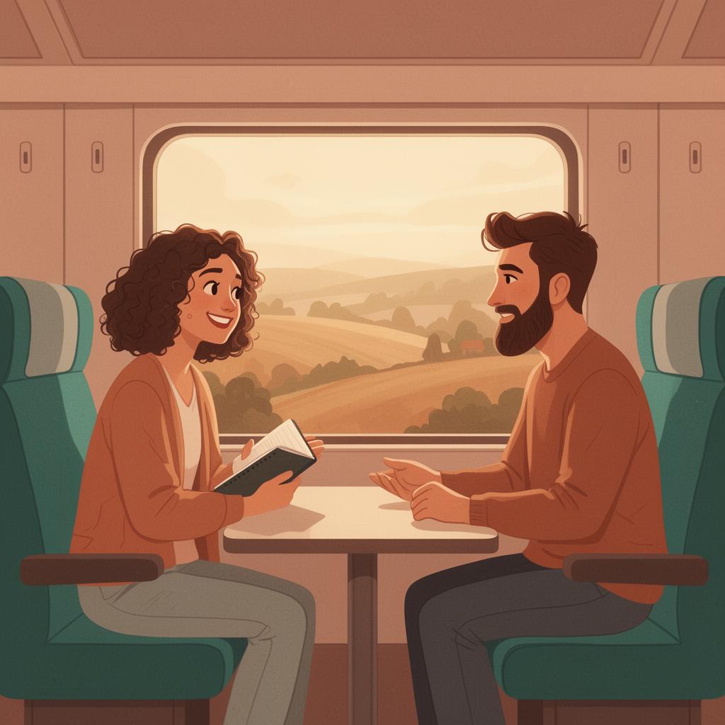 Two travelers chatting across a small table on a European train.