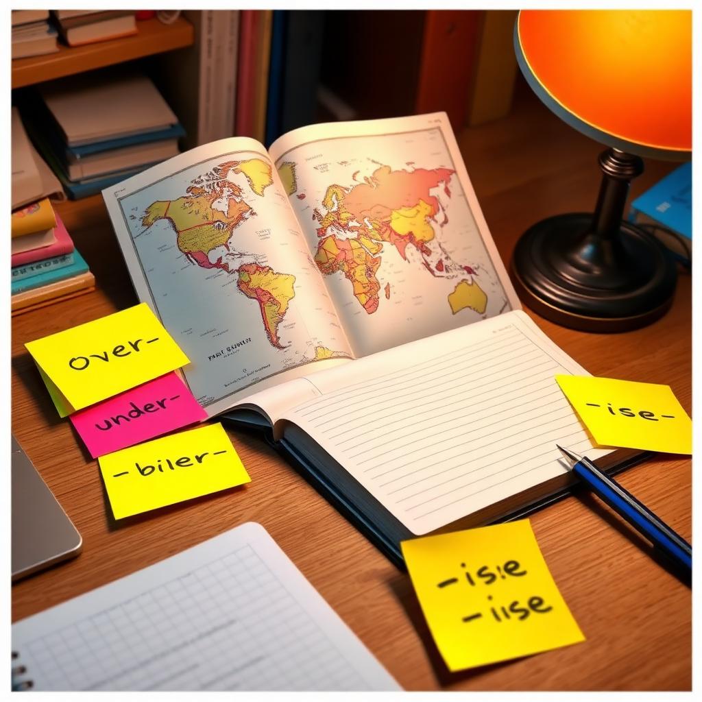 A student's desk with an atlas open to world cities and word-building sticky notes