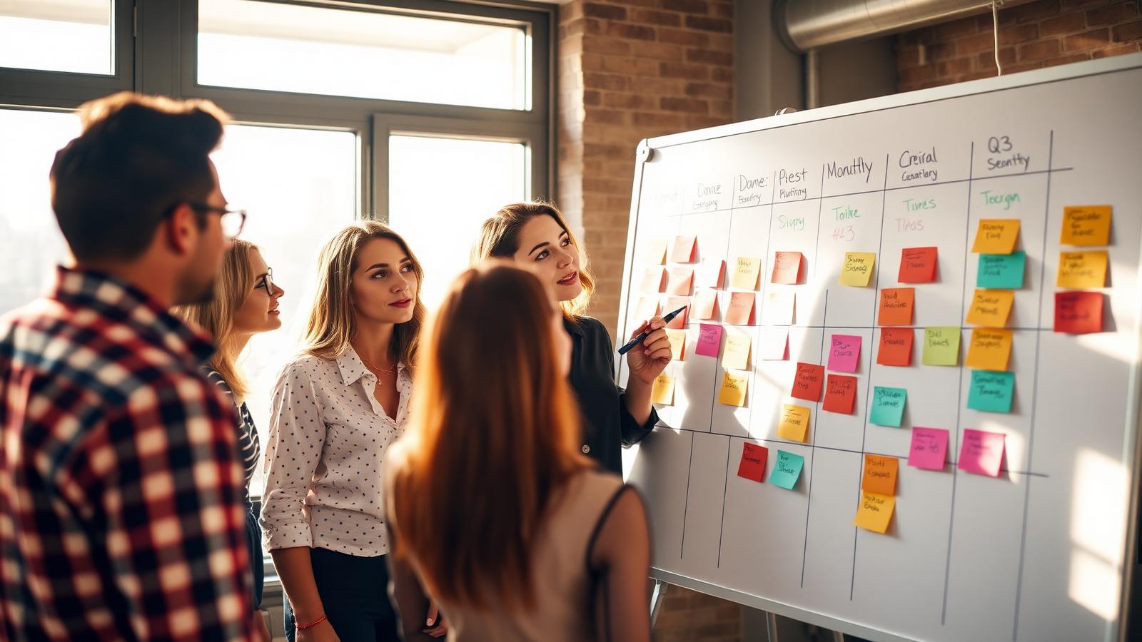 A strategy team gathered at a whiteboard covered in a 12-month roadmap with sticky notes across four quarters