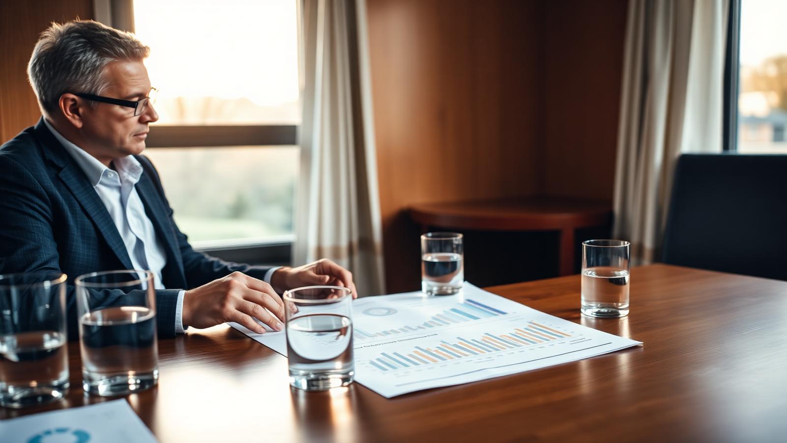 Two executives reviewing printed quarterly charts in a quiet meeting room at the end of the year