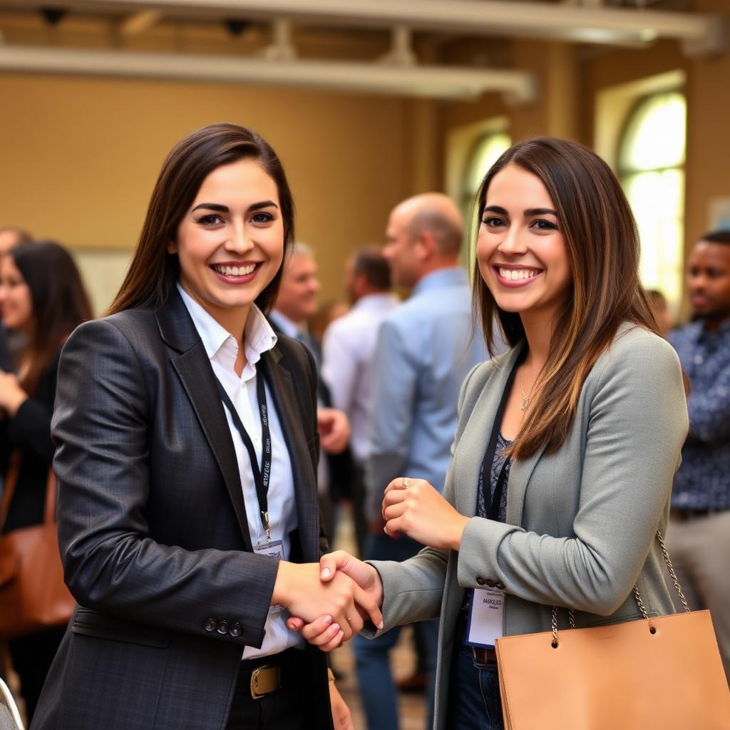Two young professionals shaking hands at a small business event