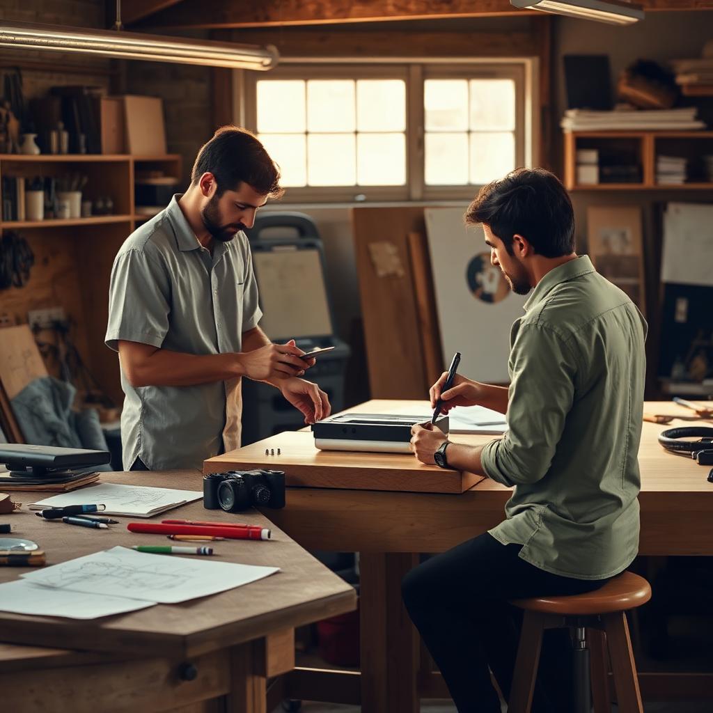 A designer showing a physical product prototype to a colleague at a workshop bench
