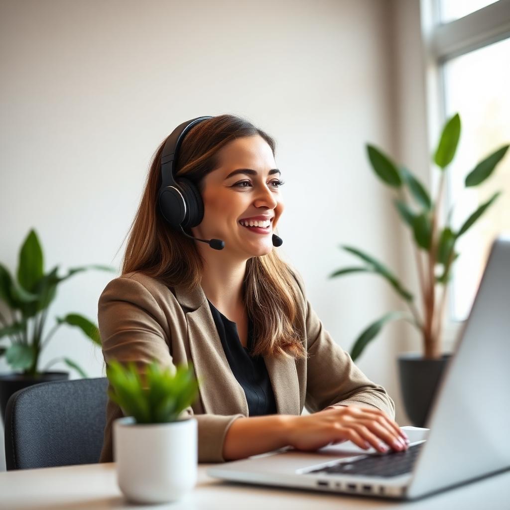 A professional smiling during a video call from a bright home office
