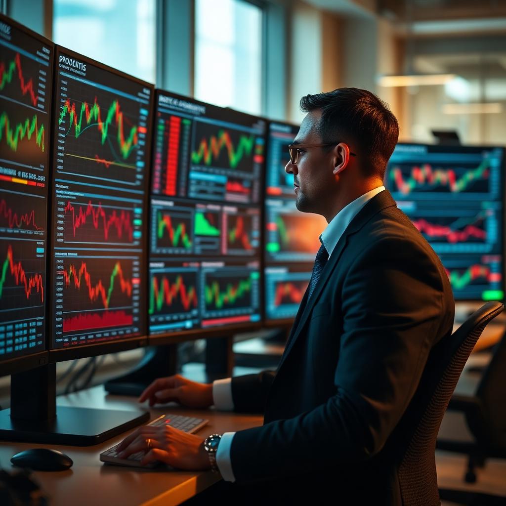 A professional analyst reviewing financial charts and price data on multiple monitors