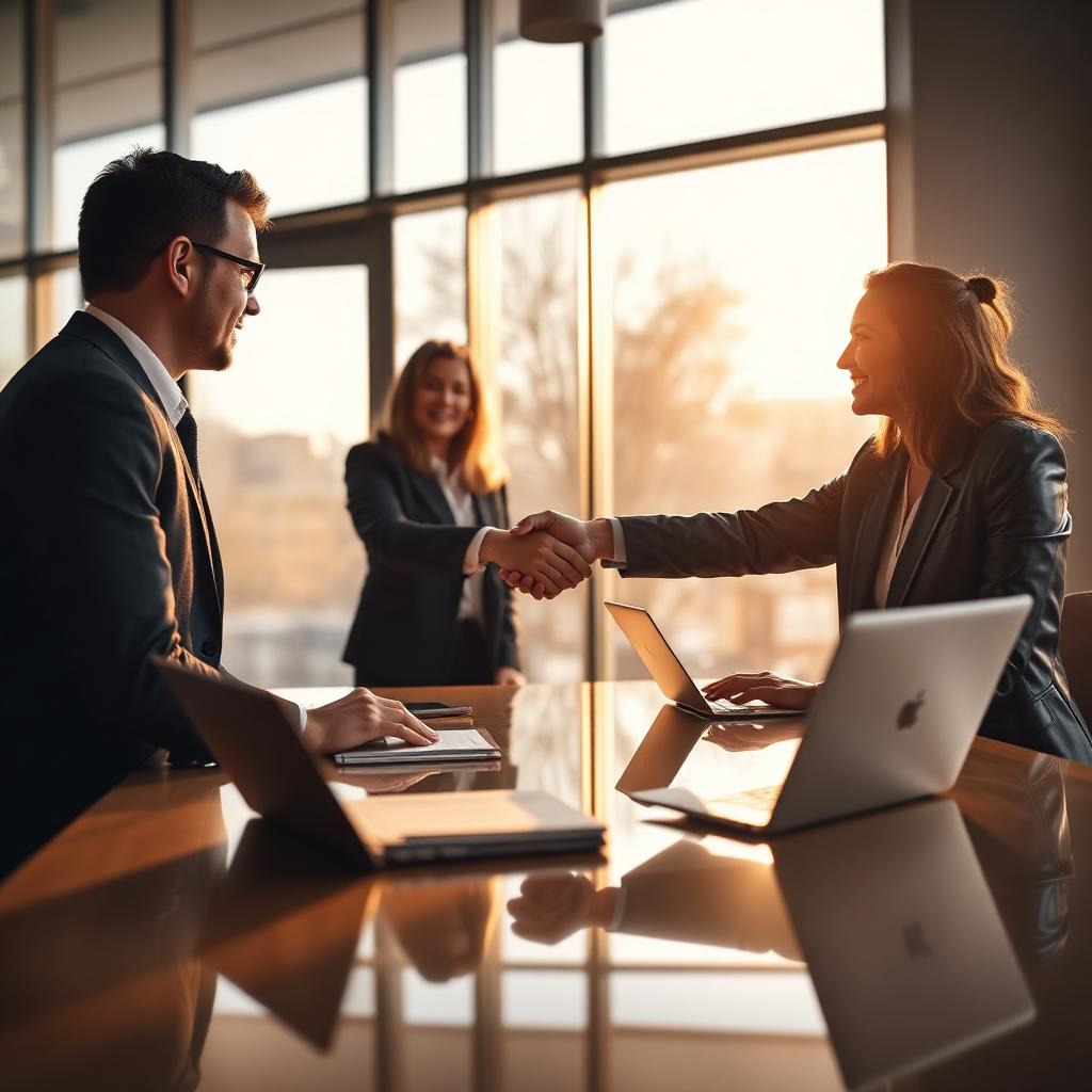 Two business professionals shaking hands across a modern meeting table