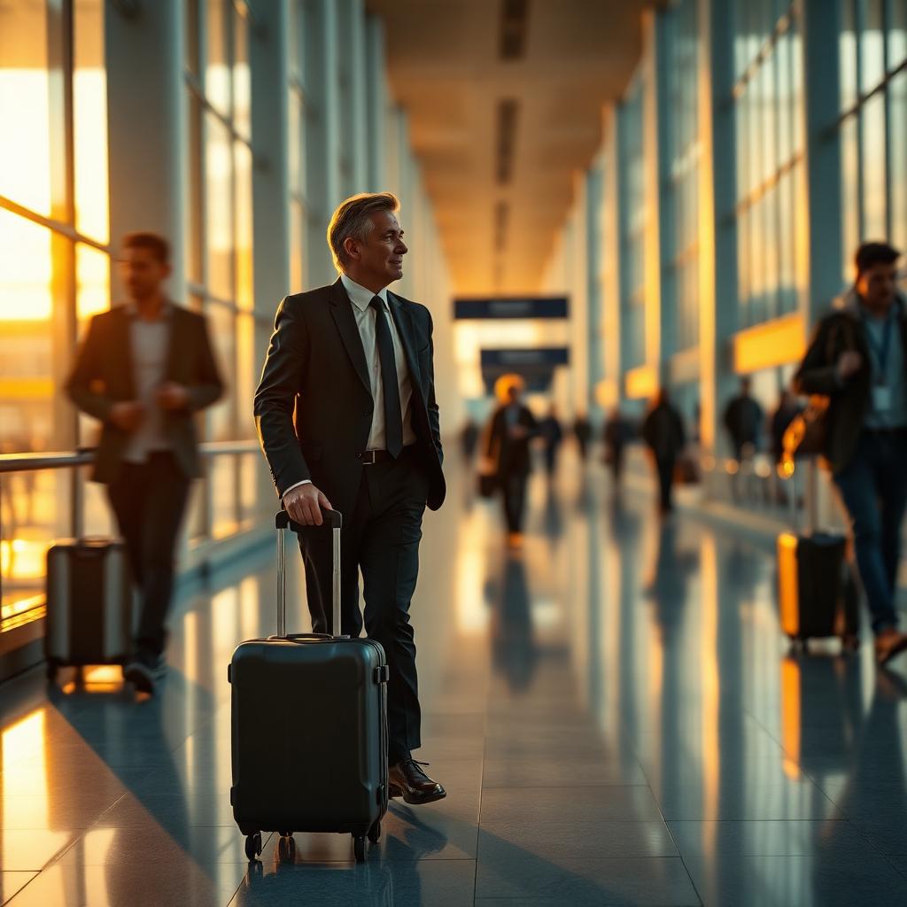 A business traveler walking through a modern airport terminal at dawn with a carry-on suitcase