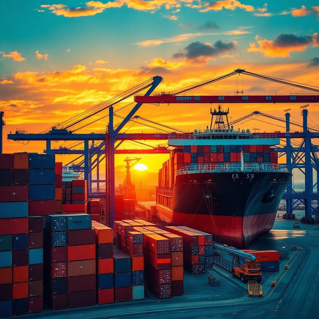 Container ship being loaded at a busy port at sunset with stacked cargo containers