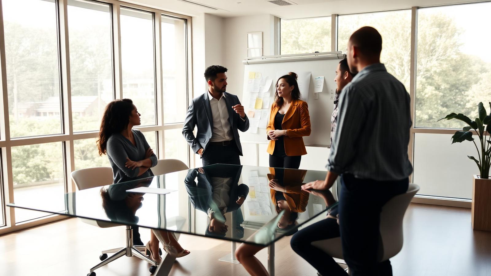 Five diverse colleagues in a bright meeting room, one presenting on a whiteboard covered with sticky notes